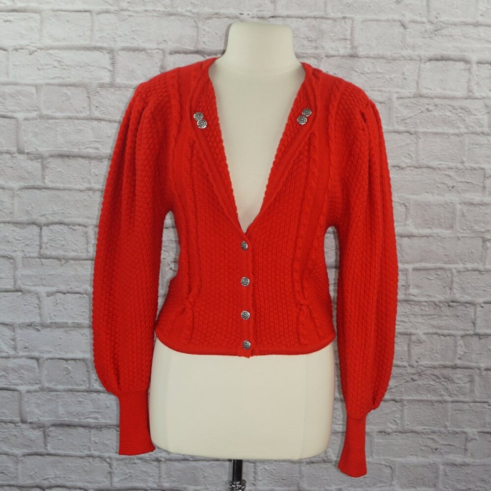 Vintage 80s Wool Puffy Bishop Sleeve Cable Fisherman Knit Cardigan Sweater